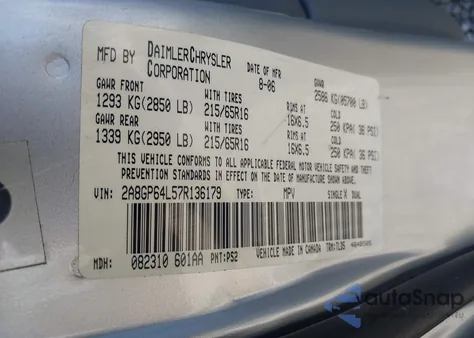 2007 Chrysler Town & Country Limited z USA, uszkodzony, nr VIN 2A8GP64L57R136179